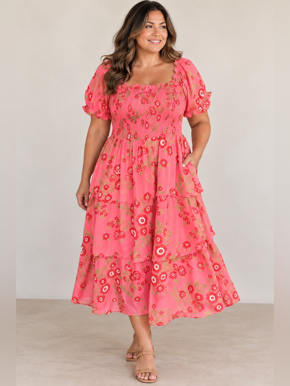 Forever 21 Pink Floral Puff-Sleeve Smocked Dress